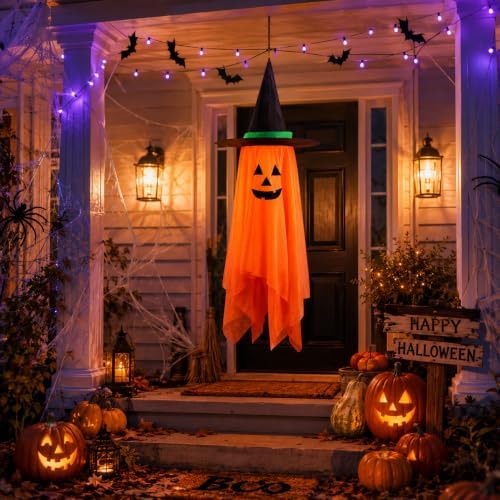 Halloween Decorations Ghost Hanging Ornaments: 39.4 Inch Foldable Cloth Witch Hat Ghost Decor With Lanyards - Reusable Hanging Halloween for Tree Porch Yard and Ceiling Wall Home - Image 6