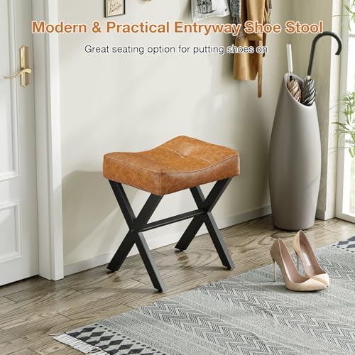 Memobarco 18-Inch Leather Vanity Stool Chair, Brown Saddle Vanity Stool - Image 5