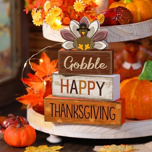 Lineshading 4 Pcs Fall Table Decor Wood Turkey Block Signs, Thanksgiving - Image 2
