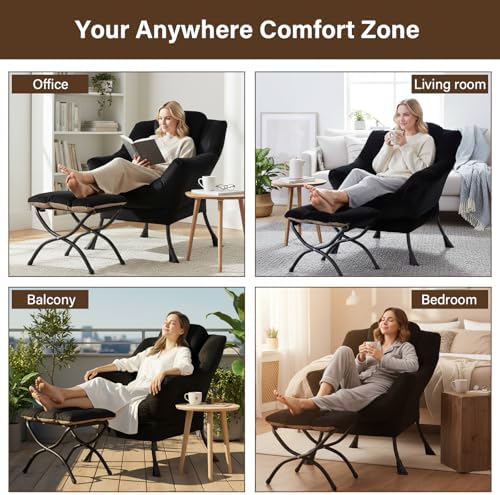 Welnow Lazy Chair with Ottoman, Reading Chair with Footrest, Black - Image 6