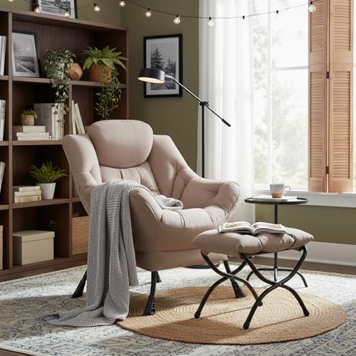 Welnow Lazy Chair with Ottoman, Reading Chair with Footrest，Khaki - Image 2