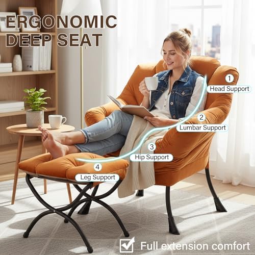 Welnow Lazy Chair with Ottoman, Reading Chair with Footrest, Reddish Brown - Image 6
