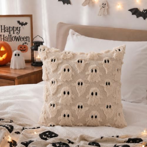 DFXSZ Halloween Pillow Covers 16x16 inch 2Pcs Beige Ghost Halloween Decor - Image 4