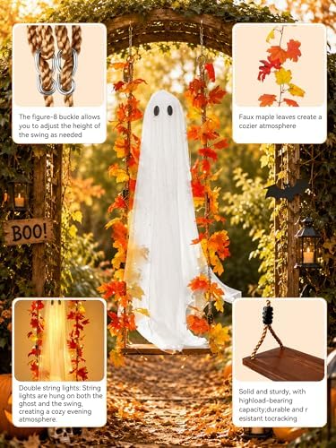 AYGXU Halloween Decorations Outdoor Indoor-5.3ft Hanging Ghost Decor with a Maple Leaf 6.6ft Swing,Ghost Light,Halloween Decor for Tree,Yard,Porch,Garden - Image 6