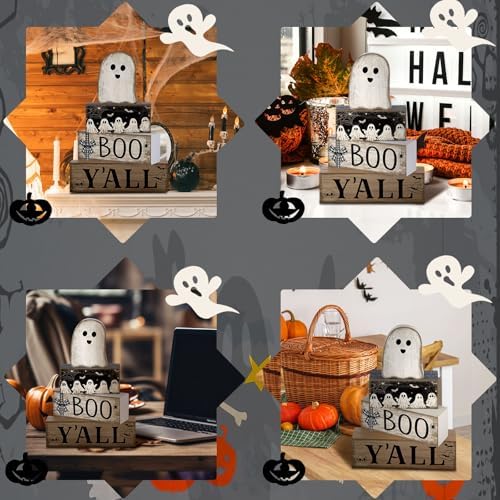 Lineshading 4 Pcs Halloween Table Decoration Wooden Ghost Tiered Tray Decor - Image 6