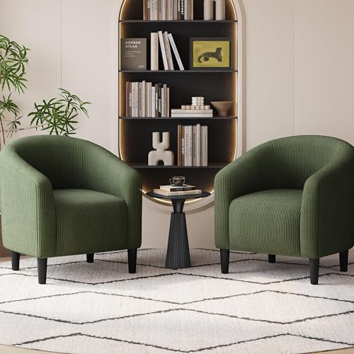 Yaheetech Small 25.5in Wide Corduroy Barrel Accent Chair, Dark Green - Image 4