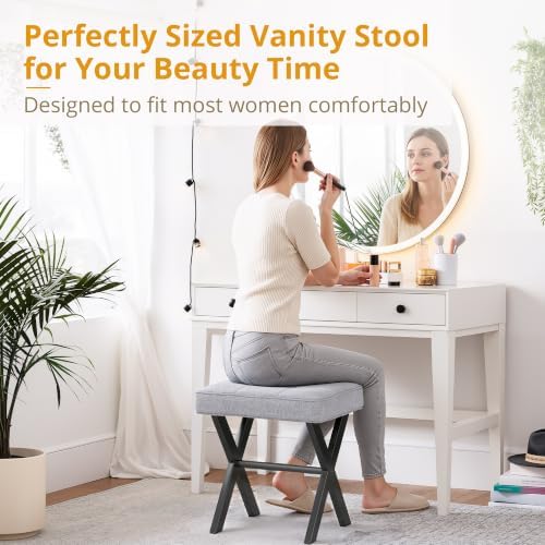 LUE BONA Vanity Stool - Square Linen Makeup Seat With Metal X Legs, Small Ottoman Chair for Makeup Room, Living Room, Bathroom - Modern Padded Foot Rest, Dark Gray - Image 3