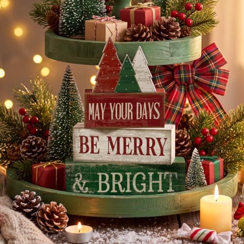 Lineshading 4 Pcs Christmas Table Decor, Wooden Tree Block Signs Home - Image 3