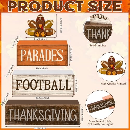 Lineshading 4 Pcs Fall Football Decor, Thanksgiving Turkey Wood Block Sign - Image 2