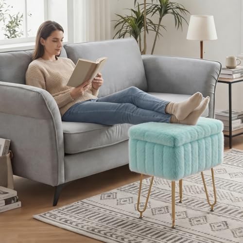 DUMOS Vanity Stool Chair with Storage, Small Ottoman Faux Fur Soft Padded Footstools Seat with 4 Metal Legs Anti-Slip Adjustable Feet Modern Footrest for Home Entryway Bedroom Makeup - Image 3