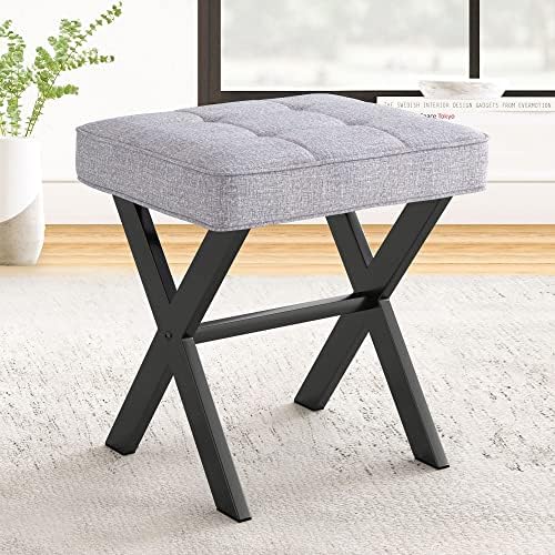 LUE BONA Vanity Stool - Square Linen Makeup Seat With Metal X Legs, Small Ottoman Chair for Makeup Room, Living Room, Bathroom - Modern Padded Foot Rest, Dark Gray by LUEBONA