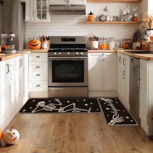 Artoid Mode Spooky Skeleton Spider Bone Black Halloween Kitchen Mats Set of 2, Black Home Decor Low-Profile Kitchen Rugs for Floor - 17x29 and 17x47 Inch - Image 4