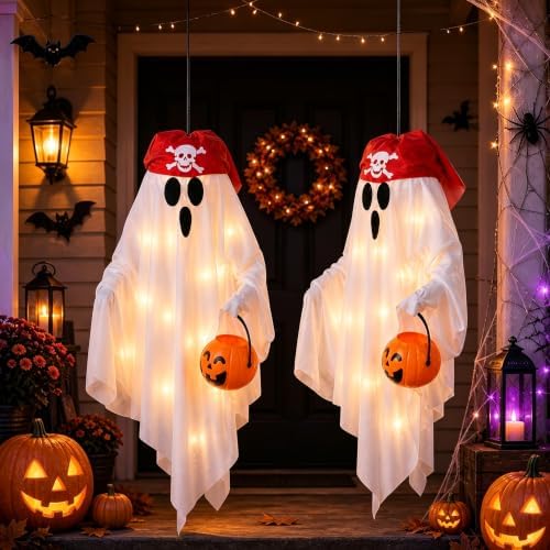 JPXH 2 Pack Hanging Pirate Ghost Decorations with Lights for Halloween by JPXH