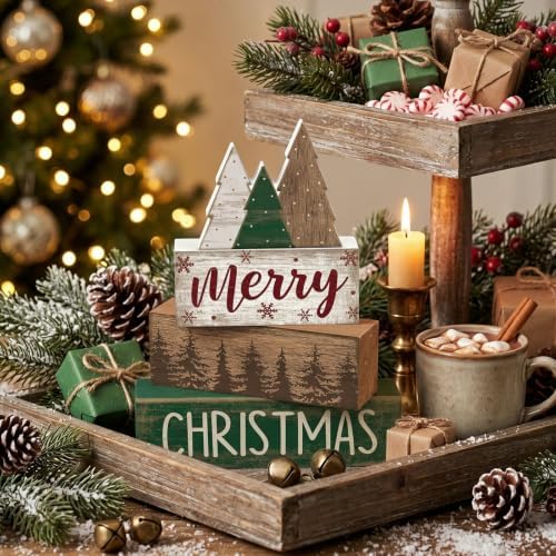 Lineshading 4 Pcs Christmas Table Decor Retro Christmas Tree Centerpiece with Buffalo Plaid Pattern Winter Tiered Tray Decor Rustic Wooden Pine Tree Xmas Decoration for Home Shelf Party Kitchen - Image 2