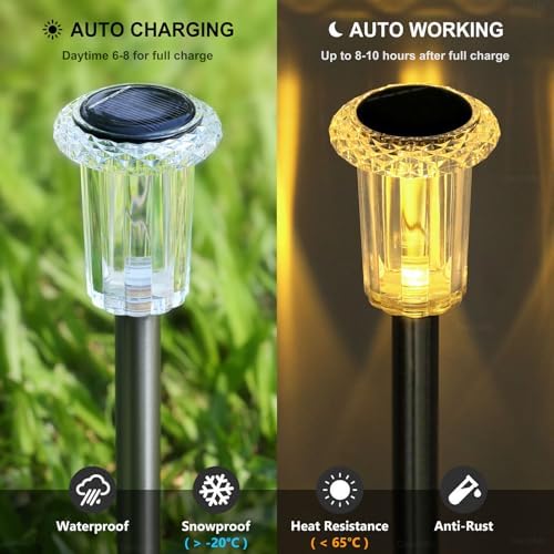 DenicMic 10 Pack Solar Pathway Lights Outdoor Waterproof Warm White LED - Image 3