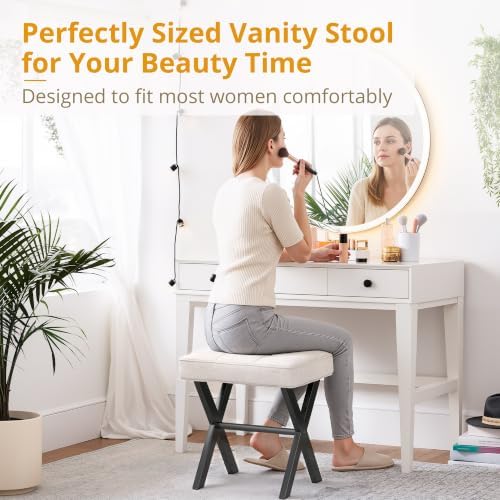 LUE BONA Ottoman Foot Stool Vanity Stool, Square Linen X-Leg Foot Rest Ottoman Makeup Stool, Small Stool Chair for Vanity, Modern Padded Vanity Seat for Makeup Room, Living Room, Bathroom, Linen Color - Image 3
