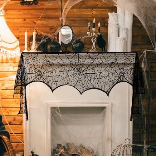 Halloween Fireplace Scarf, Black Lace Spiderweb Fireplace Mantle, Cobweb Fireplace Scarf for Halloween Party Door Window Decoration 18 x 96 inch - Image 6