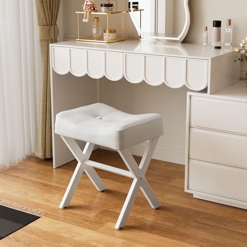 Memobarco 18-Inch Leather Vanity Stool Chair, White Makeup Stool - Image 5
