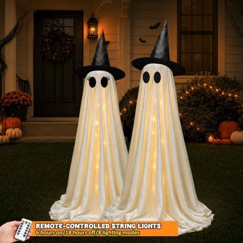 2 Pack Halloween Ghost Decorations, Light Up Ghosts with Witch Hat and Remote Control String Lights, Spooky DIY Ghost Kit for Outdoor Halloween Decorations Porch Yard Garden Lawn Indoor Party - Image 4
