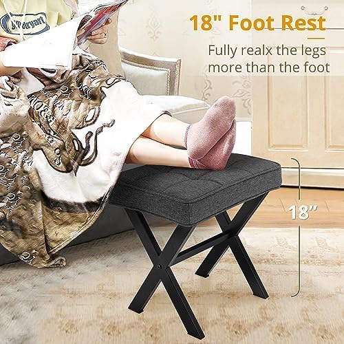 LUE BONA Vanity Stool, Square Linen Makeup Stool with Metal X Legs, Small Ottoman Stool Chair for Vanity, Modern Padded Vanity Seat Foot Rest Stool for Makeup Room, Living Room, Bathroom, Carbon Gray - Image 3