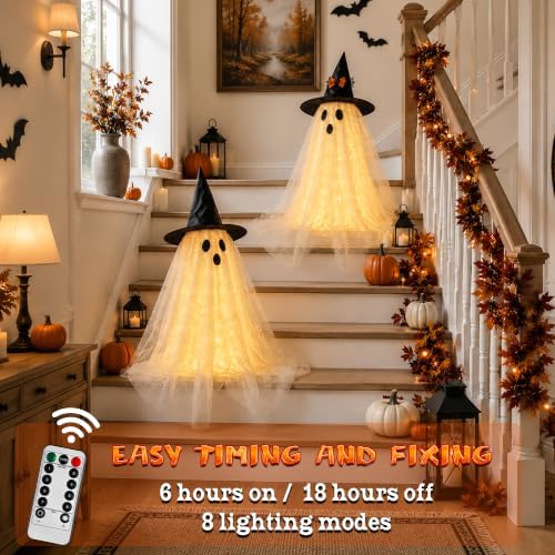 AYGXU 2pcs Halloween Decorations Indoor,Ghost Decor with String Lights Remote Control,Halloween Party Decorations,Spooky Ghost Light for Home Table Room Kitchen Office - Image 2