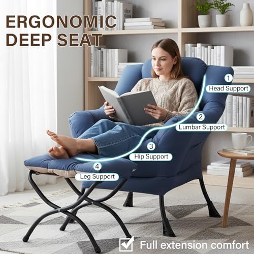 Welnow Lazy Chair with Ottoman, Reading Chair with Footrest,Royal Blue - Image 4