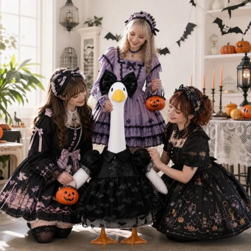 Halloween Porch Goose Outfit Gothic Lolita Bat‑Pattern Lace Dress and Bow - Image 3
