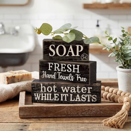 Lineshading 4 Pcs Wooden Bathroom Block Signs, Farmhouse Shelf Decor - Image 3