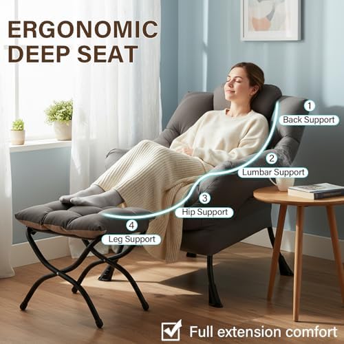 Welnow Lazy Chair with Ottoman, Reading Chair with Footrest,Soft Gray - Image 5
