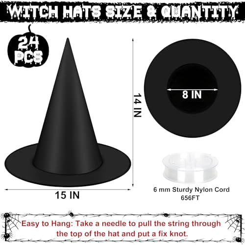 24 PCS Halloween Witch Hat with Nylon Ropes for Halloween Yard Decor - Image 2