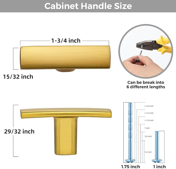 3 Pack Gold Cabinet Knobs - Curved Cabinet Pulls Brushed Brass Knobs for Kitchen Drawer Solid Dresser Pulls for Kitchen Hardware 1-3/4in Length Single Hole