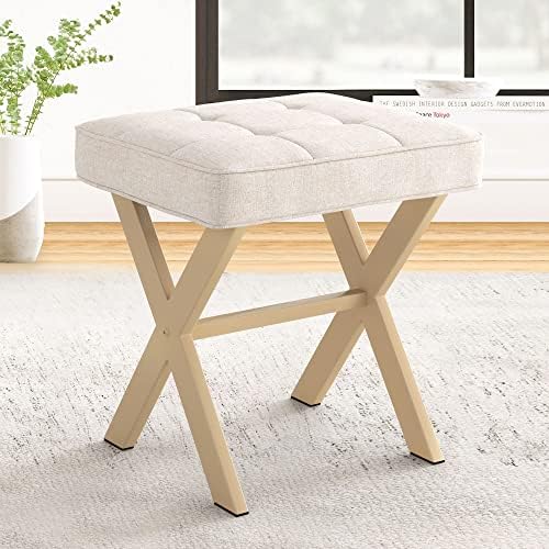 LUE BONA Square Linen Makeup Stool, Metal X Legs, Small Ottoman Stool Chair for Vanity, Modern Padded Seat Foot Rest for Makeup Room, Bathroom by LUEBONA