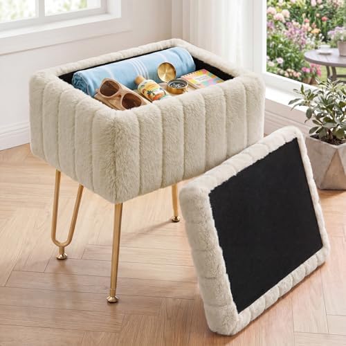 OLIXIS Vanity Stool Chair Faux Fur with Storage, Soft Ottoman 4 Metal Legs by OLIXIS