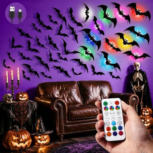 LUDILO 48P Bats Halloween Decorations + 12P Rechargeable Lights with Remote by LUDILO