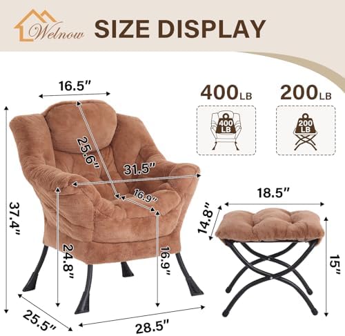 Welnow Lazy Chair with Ottoman, Reading Chair with Footrest, Brown - Image 3