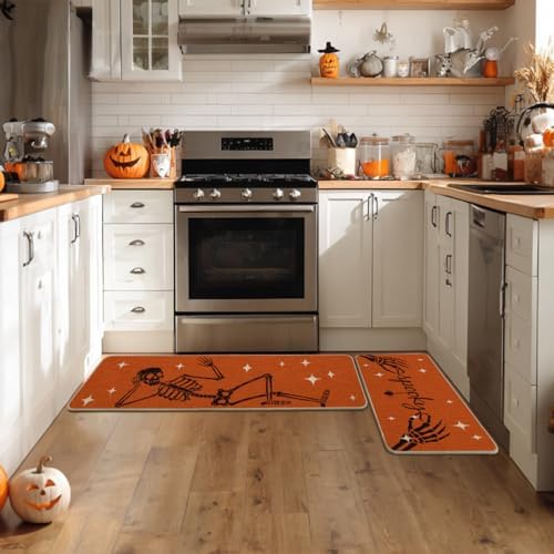Artoid Mode Skeleton Orange Halloween Kitchen Mats Set of 2-17x29+17x47 - Image 4