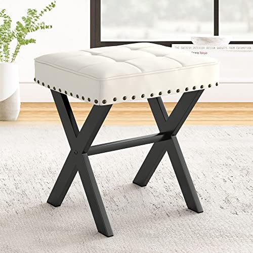 LUE BONA White Vanity Stool - Square Faux Leather Makeup Seat With Metal X Legs, Small Ottoman Chair for Makeup Room, Living Room, Bathroom - Padded Foot Rest by LUEBONA