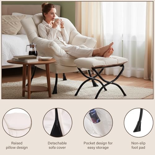 Welnow Lazy Chair with Ottoman, Reading Chair with Footrest, Off‑White - Image 4