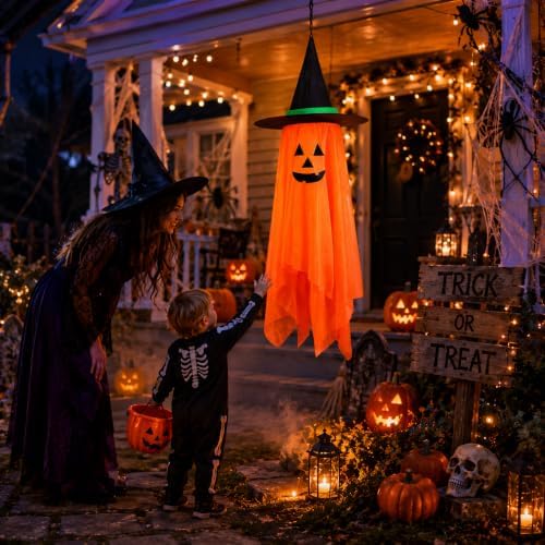 Halloween Decorations Ghost Hanging Ornaments: 39.4 Inch Foldable Cloth Witch Hat Ghost Decor With Lanyards - Reusable Hanging Halloween for Tree Porch Yard and Ceiling Wall Home - Image 2