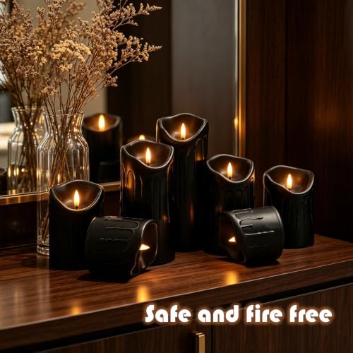 Nimiko Flameless Candles with Remote, Battery Operated Flickering Flameless Candles, LED Candles with Timer 2/4/6/8H, Realistic Drop Wax flameless Candle Set of 9 (D3 x H 3" 4" 5" 6" 7") (Black) - Image 5