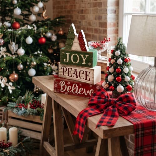 Lineshading 4 Pcs Christmas Table Decor, Wooden Tree Block Sign Home Tray - Image 6