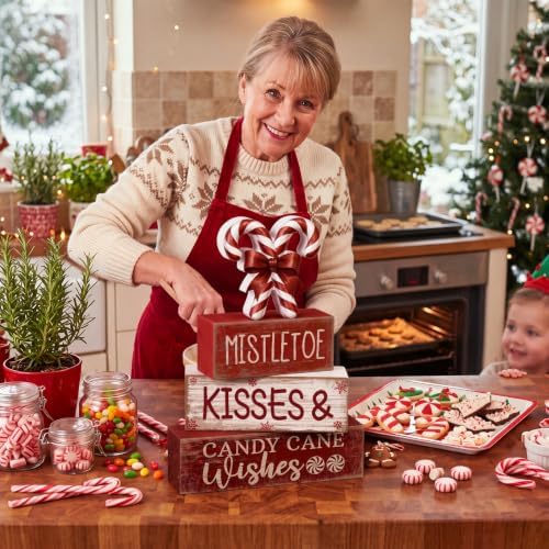 Lineshading 4 Pcs Christmas Table Decorations Wooden Candy Cane Decor Christmas Centerpiece Rustic Winter Tiered Tray Decor Red and White Candy Cane Block Signs Gift Xmas Decoration for Home Decors - Image 4