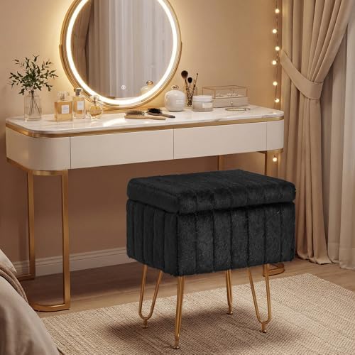 DUMOS Vanity Stool Chair with Storage, Small Ottoman Faux Fur Soft Padded Footstools Seat with 4 Metal Legs Anti-Slip Adjustable Feet Modern Footrest for Home Entryway Bedroom Makeup Black - Image 5