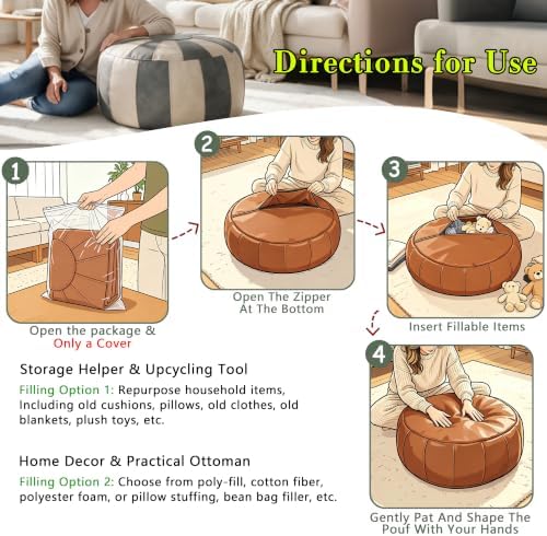 Thgonwid Unstuffed Moroccan Ottoman Pouf Cover, Ottoman Footstool Storage Solution, Bean Bag Chair, Foot Rest, Gray & Mushroom - Image 4