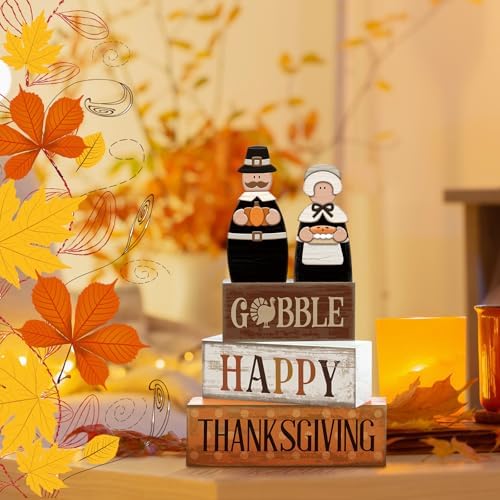 Lineshading 4 Pcs Thanksgiving Pilgrim Decor Wooden Block Signs Tray Set - Image 6