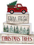 Lineshading 4 Pcs Christmas Table Decor, Red Truck Tree Wood Block Sign by Lineshading