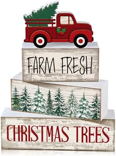 Lineshading 4 Pcs Christmas Table Decor, Red Truck Tree Wood Block Sign by Lineshading