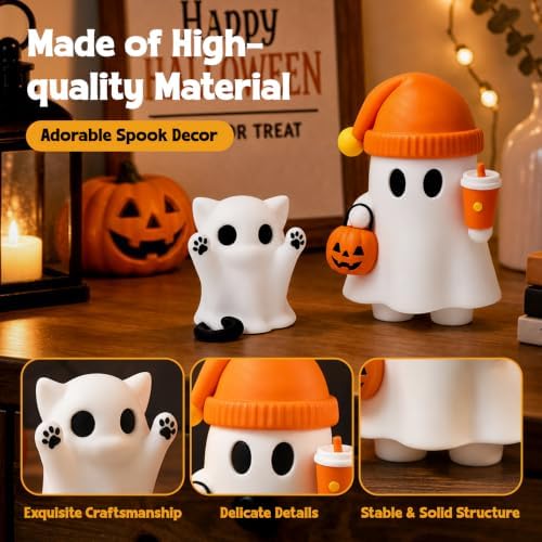 Cute Cat Halloween Ghost Figurine with Pumpkin Bucket and Orange Drink - Image 3