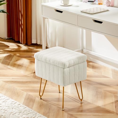 Sweetcrispy Vanity Stool Chair with Storage, Ottoman Faux Fur Soft Padded Makeup Footstools Seat with 4 Metal Legs Anti-Slip Adjustable Feet Modern Cute Small Footrest for Home Entryway Bedroom White - Image 2