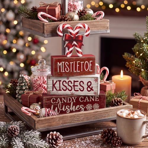 Lineshading 4 Pcs Christmas Table Decorations Wooden Candy Cane Decor Christmas Centerpiece Rustic Winter Tiered Tray Decor Red and White Candy Cane Block Signs Gift Xmas Decoration for Home Decors - Image 6